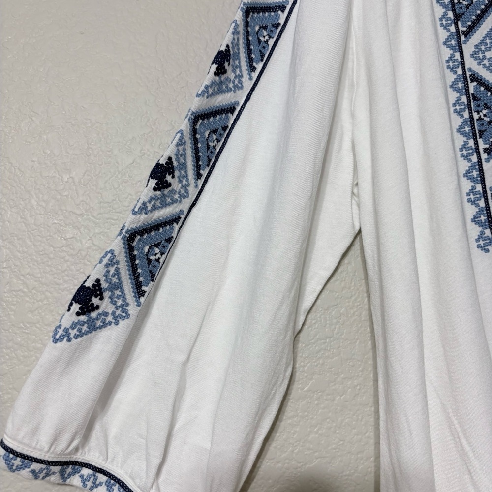 J. Jill Women’s White Blue Cross-stitch Embroidered Tunic Tassels Boho Peasant L - Picture 3 of 13
